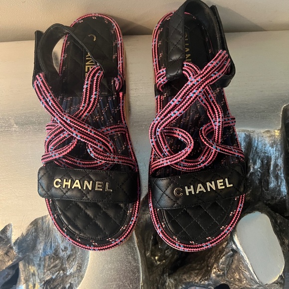 Chanel Quilted Sandals with Logo Strap & Multicolor Rope Laces